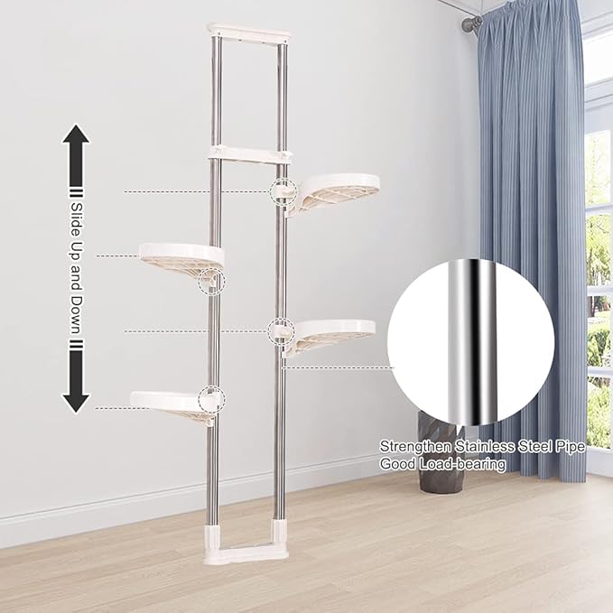 BAOYOUNI Indoor Window Plant Stand Metal Double Pole Storage Shelf Flower Pot Display Rack Holder Planter Extention Rods Home Decor with 4 Adjustable Trays - Ivory