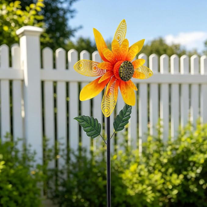 Viveta Sunflower Wind Spinner,13.7 * 58" Metal Wind Sculpture, Flower Garden Spinner,Pinwheel Decor for Yard and Garden Lawn Patio