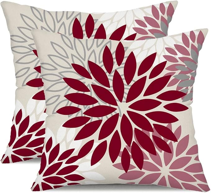 DFXSZ Wine Red Pink Flower Pillow Covers 20x20 Inch Set of 2 Outdoor Throw Pillows Outdoor Waterproof Decor for Living Room Sofa Patio Funiture Garden Floral Polyester Pillow Covers 002R20