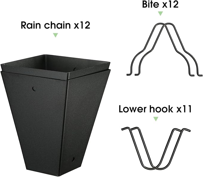 TE DEUM Square Link Rain Chain, 8.5 Feet Length, 3.7inch Big Size Cup, Black Powder Coated, Functional and Decorative Replacement for Gutter Downspouts, V Gutter Clip Included, Black