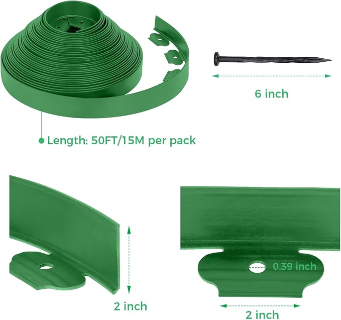 2-Inch x 50 FT Landscape Edging Border with 75 Stakes, Garden Edging Border Lawn Edging Border, Plastic Edging Border Flexible for Garden Flower Beds Lawn Yard Paver Pathway (Green)
