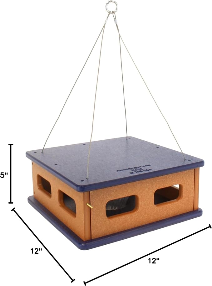 Bluebird Feeder - Hanging Block House Mealworm Feeder for Bluebirds - Amish-Made with Poly Lumber (Patriot Blue and Cedar)