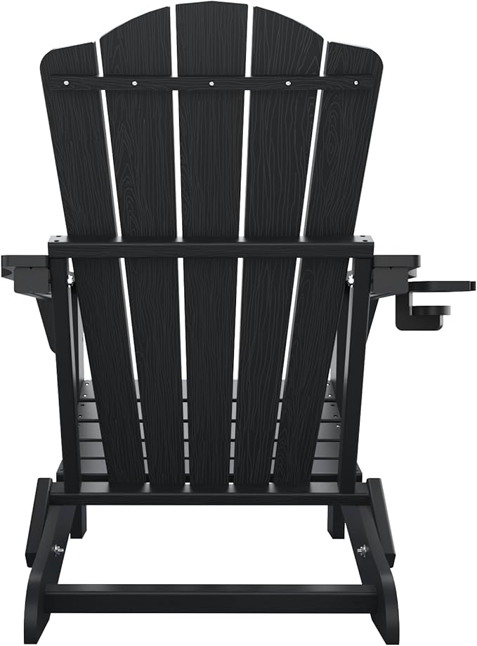 THOEOE Folding Adirondack Chair Set of 2,HDPE All-Weather Outdoor Chair with Cup Holder,Wooden Textured,Fire Pit Chair,Plastic Patio Chair for Deck,Backyard,Garden,Lawn, Black
