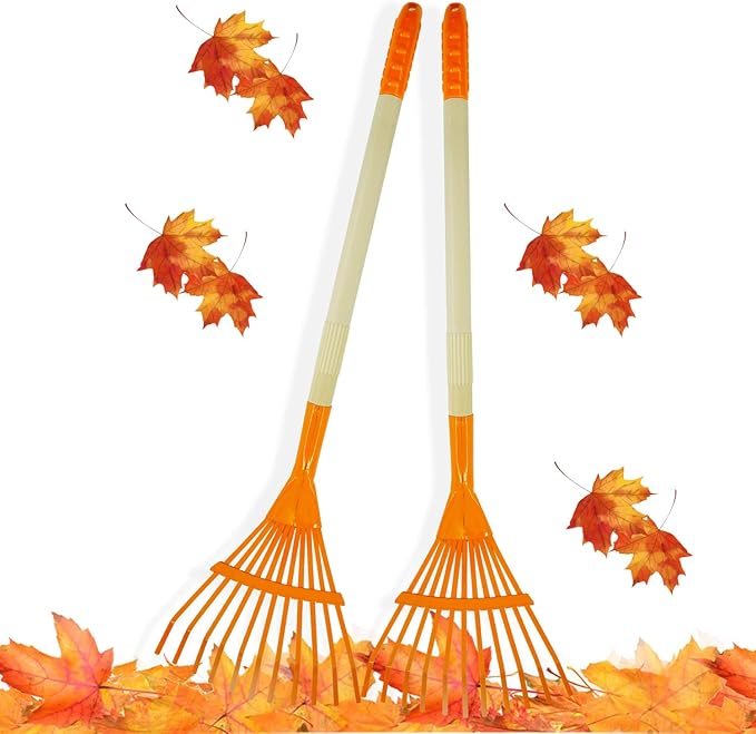 2PCS Kid Rakes, 27" Lawn Rakes for Leaves, Child Size, Metal Head & Wooden Handle, Great Yard Tool Gifts for Boys Girls Age 3+ Year Old