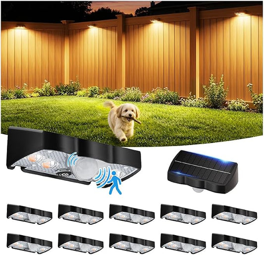 VOLISUN Motion Sensor Solar Fence Lights Outdoor 12 Pack, IP65 Waterproof, 3 Modes (High/Low/Steady-On) Dusk to Dawn Backyard Lights, 3000K Warm White Motion Sensor Outdoor Lights for Garden Yard Deck