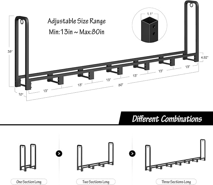 SunyesYoon Firewood Rack Outdoor 80in with Waterproof Cover - Heavy Duty Log Rack Indoor Holder, Upgraded Adjustable Fire Wood Racks, Storage Organizer Stand Tool for Fireplace, Black