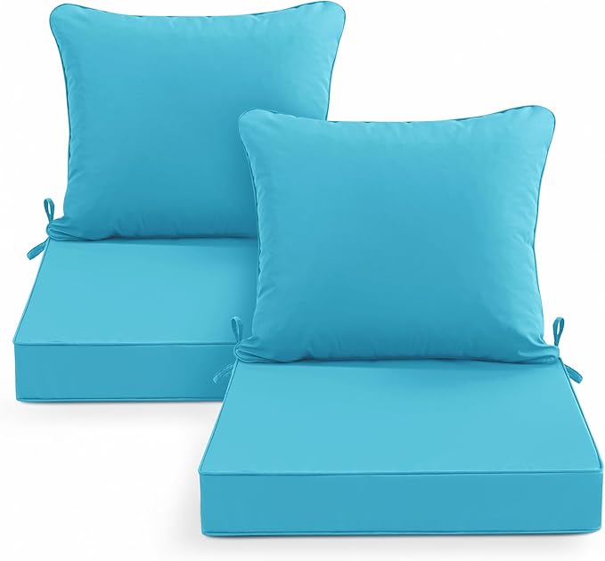 Summsun Waterproof Outdoor Cushions for Patio Furniture, Fade Resistant Backrest and Deep Seat Cushion Set with Removable Cover, 24 x 24 Inch, Teal, Set of 2