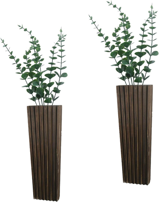 2Pack Brown Wood Wall Planter for Indoor +2Pack Green Plants,Modern Wooden Hanging Planter for Dried Flowers and Plants,Abstract Vase Farmhouse Wood Wall Decor (Brown)