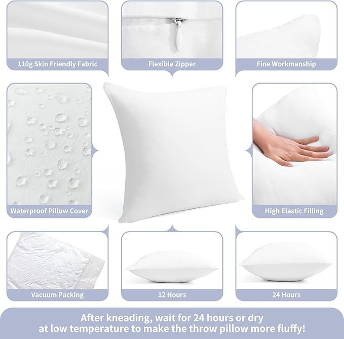 16 x 16 Outdoor Pillow Inserts Small Throw Pillow Inserts Pack of 2 Water Resistant Patio Furniture Pillows Decorative Porch Couch Pillows Premium Square Sofa Pillow, White