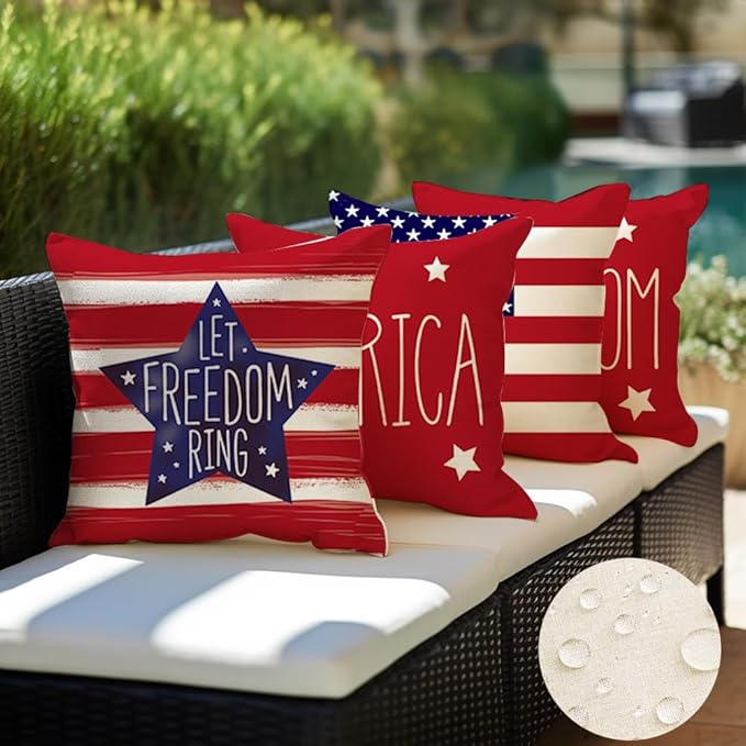 RABUSOFA Outdoor Waterproof 4th of July Patriotic Pillow Covers 18x18 Inch,Fourth of July Pillow Cases Set of 4,America Flag Stars Freedom Decorative Memorial Day Throw Pillows(2-18)