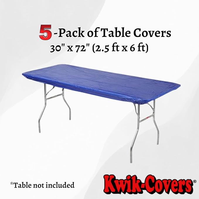 Kwik-Covers 6' Rectangle Plastic Table Covers 30" x 72", Bundle of 5 (Royal Blue)