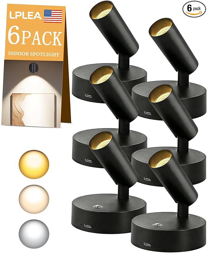 6PACK Dimmable Indoor Spotlights - LED Rechargeable 350° Rotatable Wireless Lighting, with 3 Colors for Plants, Paintings, and Artwork Accent Lighting (Black)