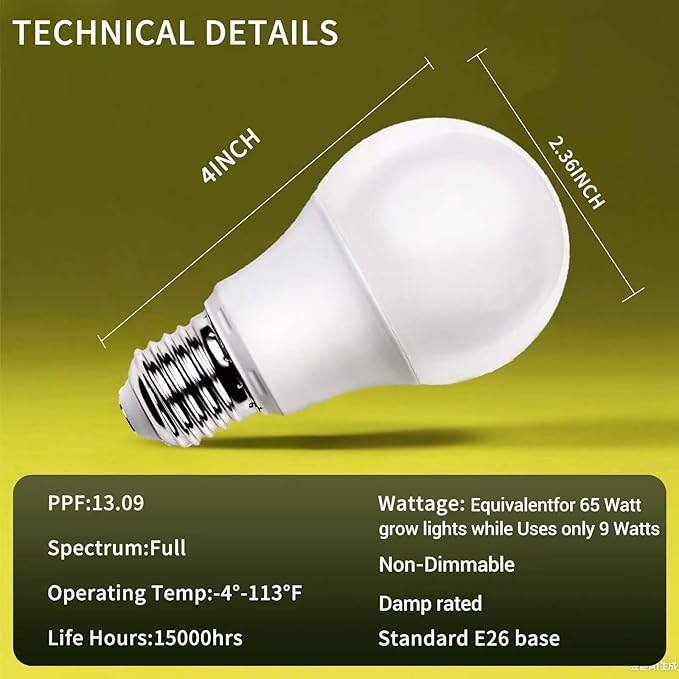 GT-Lite LED Plant Grow Light Bulbs Full Spectrum with 13.09 PPF, A19, E26 Base for Indoor Outdoor Plants