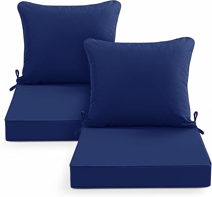 Summsun Outdoor Chair Cushions Set of 2, Waterproof Backrest and Deep Seat Cushion Set for Patio Furniture, Outdoor Replacement Cushions with Removable Cover, 22 x 22 Inch, Navy