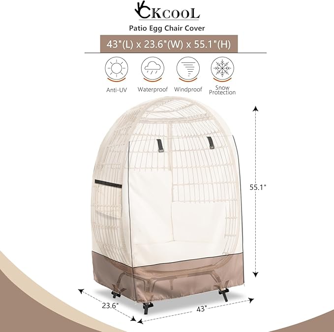 okcool Outdoor Egg Chair Cover,Waterproof Egg Chair Cover with Zipper for Wicker Patio Basket Chair(Beige & Brown,Fits 43" L *25" W*55.1" H Egg Chair)