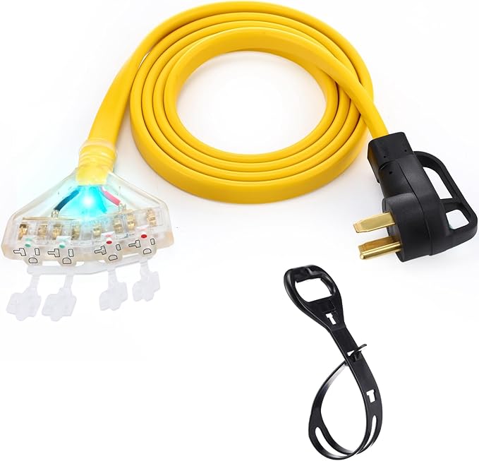 Tellegloww 10 FT Flat RV Generator Adapter Cord NEMA 14-50P to 4 X 5-20R/5-15R, 50A to 110V 15/20 A Household Outlet Adapter, 4 Prong 10 Gauge RV Generator Extension Cord, ETL Listed, Yellow