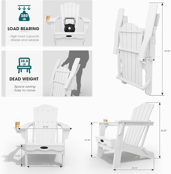 THOEOE Folding Adirondack Chair Set of 8, HDPE All-Weather Outdoor Chair with Cup Holder, Wooden Textured, Fire Pit Chair, Plastic Patio Chair for Deck, Backyard, Garden, Lawn, White