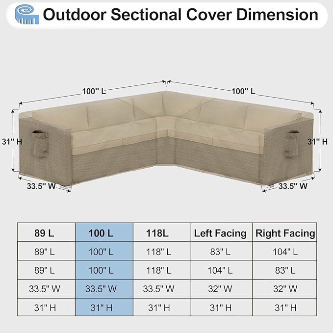 OutdoorLines Waterproof Outdoor Patio Sectional Cover - UV Resistant & Windproof V-Shaped Patio Furniture Covers for Deck, Lawn and Backyard, 420D Heavy Duty Couch Cover 100" L (on Each Side) Camel