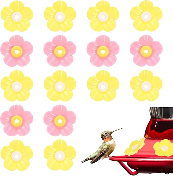 M METERXITY 16-Pack Hummingbird Feeder Replacement Flowers, Plastic Pet Hummingbird Feeding Parts Feeding Ports for Outdoor Hanging Feeders, Bees Guards [Yellow, Pink]