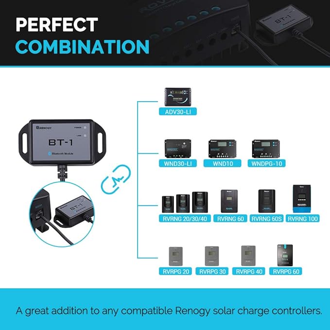Renogy Bluetooth Module RJ12 Communication Port Compatible Rover/Wanderer/Adventurer Charge Controllers, BT-1 RS232,Black