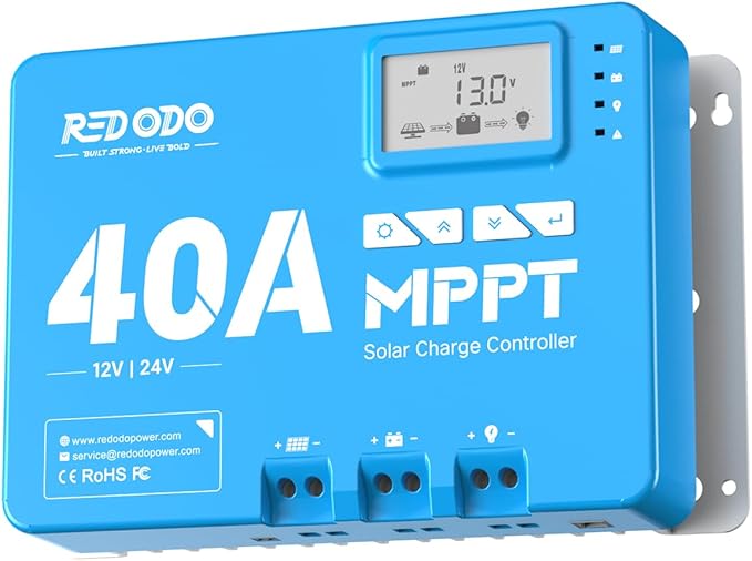 Redodo 40 Amp MPPT 12V/24V DC Input Solar Charge Controller with Built-in Bluetooth Module, Parameter Adjustable LCD Display LED Indicators