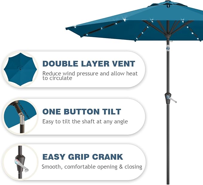 9FT Patio Umbrella with Solar Lights,Outdoor Market Umbrella with Tilt and Crank, LED Lighted Table Umbrella for Garden,Deck,Backyard,Pool,Beach