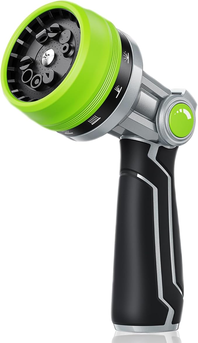 RAINPOINT Full-Metal Garden Hose Nozzle, Heavy Duty Water Hose Nozzle Sprayer With 10 Adjustable Patterns & High Flow,Thumb Control For Flow Adjustment, Ideal For Watering, Washing, Cleaning,Green