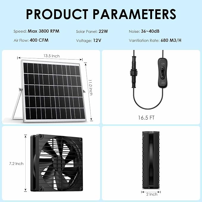 7 Inch Large Airflow Solar Powered Fan Exhaust Vent for Outside Greenhouse Chicken Coop Shed Trailer, IPX7 Waterproof Brushless DC Motor 16.5 Ft On/Off Switch Cable