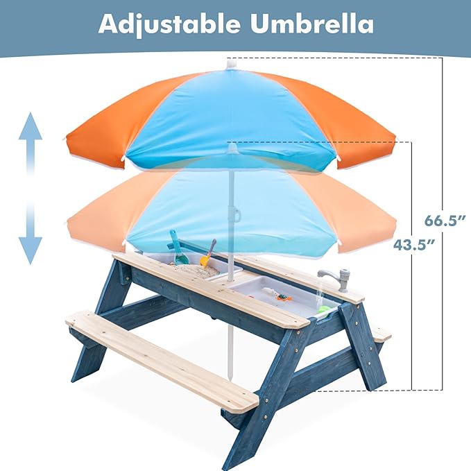 Kids 3-in-1 Sand & Water Table, Wood Outdoor Convertible Picnic Table w/Umbrella, 2 Trays, Removable Top with Faucet, Picnic Table for Outdoor Playset (Blue/Orange)