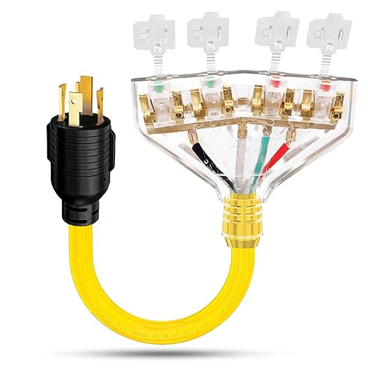 30 Amp 4 Prong Twist Lock to 110 Adapter Cord, Generator Locking Plug NEMA L14-30P to Four 5-15R 5-20R Outlets