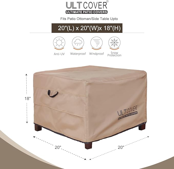 ULTCOVER Waterproof Patio Ottoman Cover Square Outdoor Side Table Furniture Covers Size 20L x 20W x 18H inch