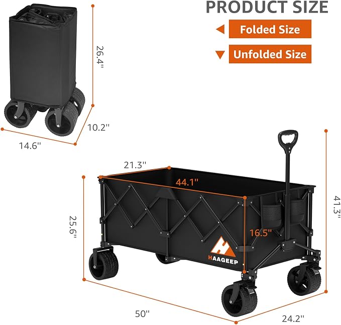 Collapsible Wagon Cart with Wheels Foldable - Folding Utility Heavy Duty Wagons Carts for Grocery Sports Garden Shopping Camping Wheelbarrows (Black,300L)