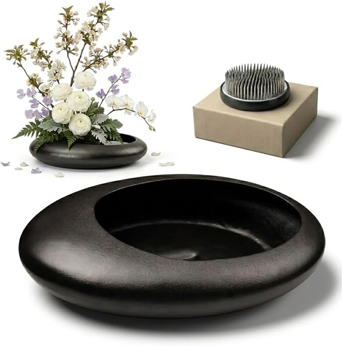 Ikebana Bowl Kit - Ikebana Vase (Japanese Flower Bowl Vase) with 2.4'' Floral Frog, Ikebana Set for Japanese Flower Arrangement (Black, 2.4'' Floral Frog Included)