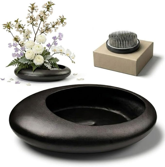 Ikebana Bowl Kit - Ikebana Vase (Japanese Flower Bowl Vase) with 2.4'' Floral Frog, Ikebana Set for Japanese Flower Arrangement (Black, 2.4'' Floral Frog Included)