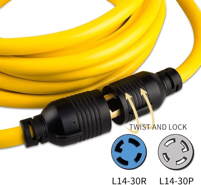 40FT Heavy Duty Generator Locking Power Cord NEMA L14-30P/L14-30R,4 Prong 10 Gauge SJTW Cable, 125/250V 30Amp 7500 Watts Yellow Generator Lock Extension Cord with UL Listed