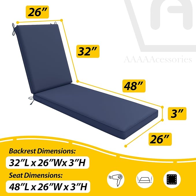 AAAAAcessories Outdoor Chaise Lounge Cushions, Waterproof Patio Furniture Replacement Cushions, Fade-Resistant, 80" x 26" x 3", Midnight Blue