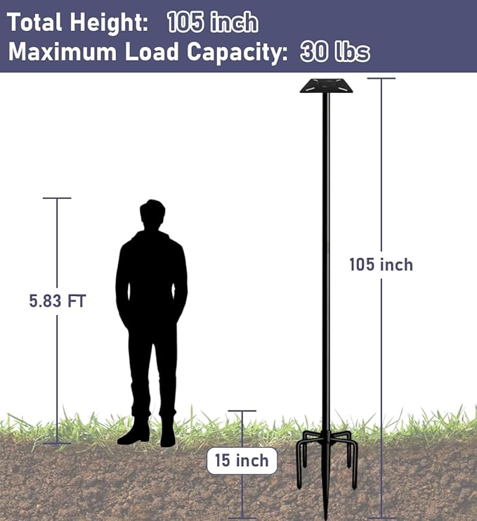105 Inch Smart Bird Feeder Pole with 5-Prong Base, Adjustable Bird House Pole Mount Kit for Outdoors, Heavy Duty Bird Feeder Stand for Wild Birds Watching, Black
