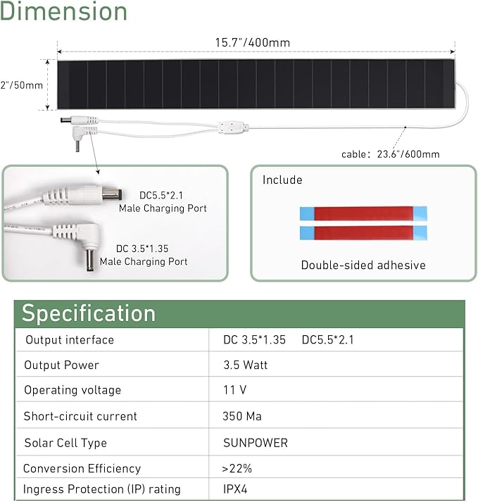 Solar Panel Charger for Motorized Blinds - 11V 3.5W Ll-ion Shade Solar Charger - Dual Connector(DC3.5 * 1.35mm & DC5.5 * 2.1mm) - Compatible with DC7.4V Battery Motors - Not for 5V Devices