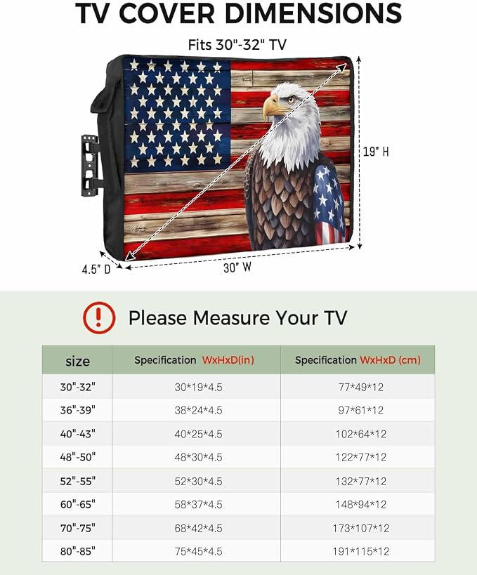 DecorLovee American Flag Outdoor TV Cover 30 to 32 Inches Weatherproof & Waterproof, Vintage Blue Red USA Flag Outdoor TV Enclosure with Remote Control Pocket, Eagle TV Screen Protectors for TV