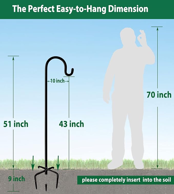 Adjustable Outdoor Shepherd Hook Stand with 5 Prong Base, 60 Inches Tall 3/5 in Thick, Shiny Black (1 Packs)