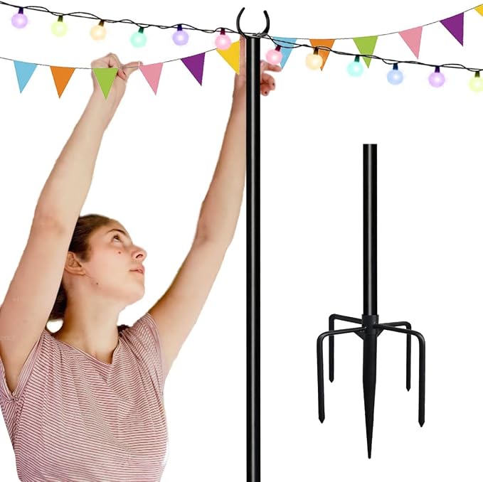 10ft String Light Pole for Soft Surfaces, Light Pole for Outdoor String Light, Perfect for Garden, Backyard, and Patio Lighting Stand for Parties, Wedding - Matte Black Finish - 1 Pack