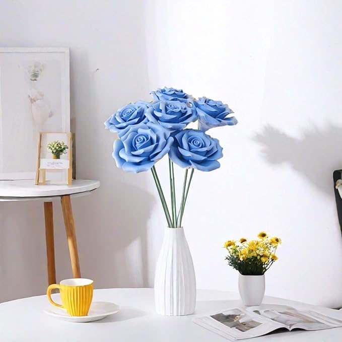 Handmade Porcelain 3D Ceramic Rose Flower, Eternal Flower Decoration for Home Office Decor, Creative Desktop vases, Porcelain Decorations, Exquisite, Set of 6 (Blue)