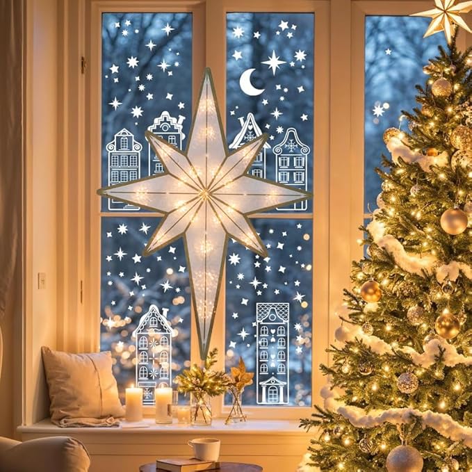 17'' Merry Christmas Lighted Sign - Bethlehem Star Window Silhouette Lights with 20 LEDs, Double-Sided 3D Holiday Decoration for Christmas Window & Home Display