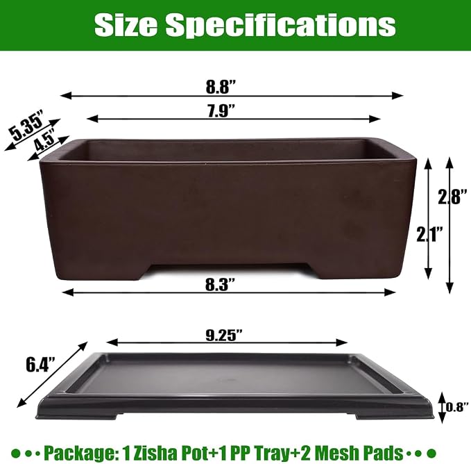 MUZHI Unglazed Zisha Bonsai Pot with Humidity Tray, Rectangle Bonsai Tree Planter with Drainage for Ficus, Succulent etc. (Classic Rectangle)