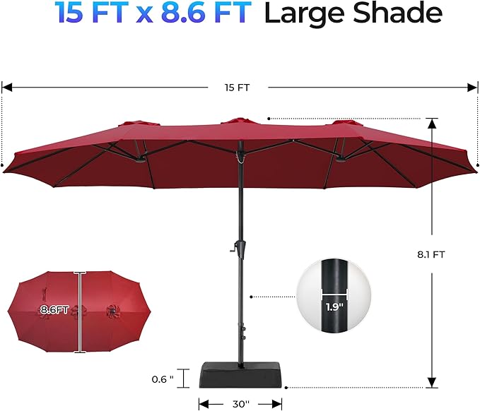 SUPERJARE 15FT Outdoor Patio Umbrella with Base Included, Double Sided Pool Umbrellas with Fade Resistant Canopy, Extra-Large Table Umbrella for Deck, Market, Backyard, Burgundy
