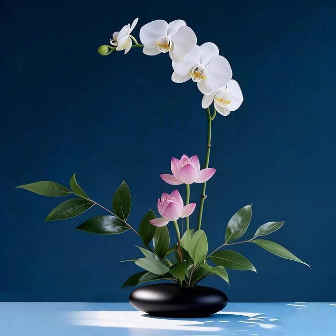 Japanese Inspired Ceramic Vase Ikebana kit, Pebble Shaped Flower Arrangement Bowl with 1.57inch Flower Frog Pin Frog Flower Stems Holder (Small Black)