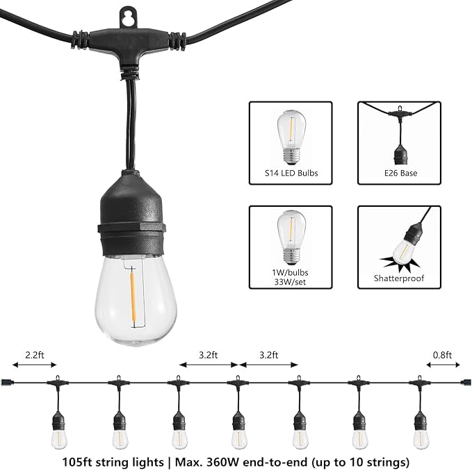 SUNTHIN 105FT Outdoor String Light with 34 1W LED Shatterproof Filament Bulb for Patio Lights, Backyard, Porch, Party Lights