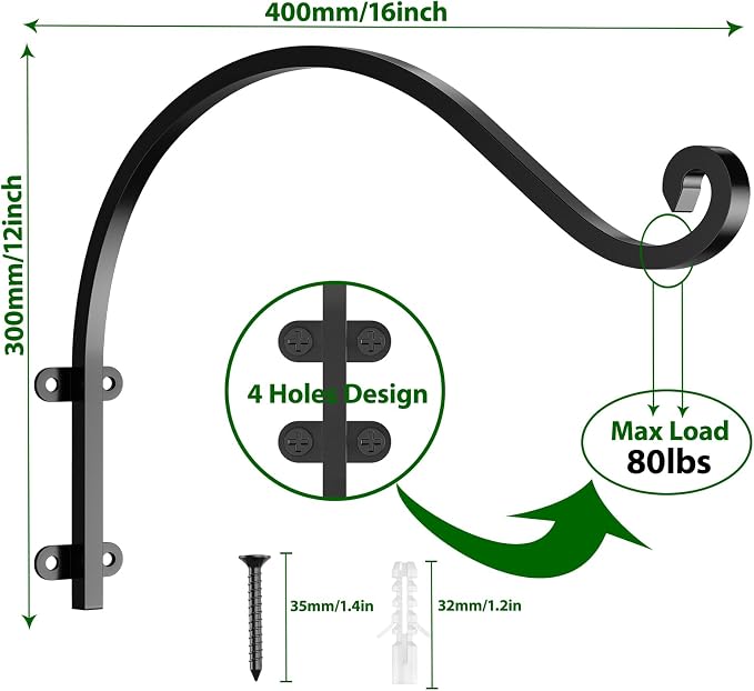 6 Pack Heavy Duty Plant Hanger Bracket, 16Inch Hanging Brackets for Plants Outdoor and Indoor, 80lbs Holding Capacity Metal Plant Wall Hooks, Black Hanging Plant Brackets for Flower Wind Bird Feeder