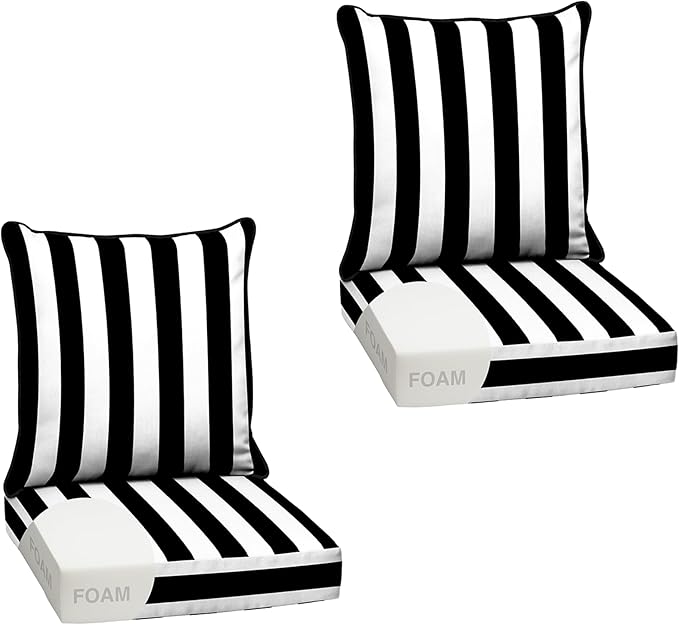 Arden Outdoor Foam Deep Seat Cushion Set (2-Pack), 24x24, Premium High-Density Foam, Never Flattens, Weather-Proof for Patio Chair Sofa Couch, Black Cabana Stripe