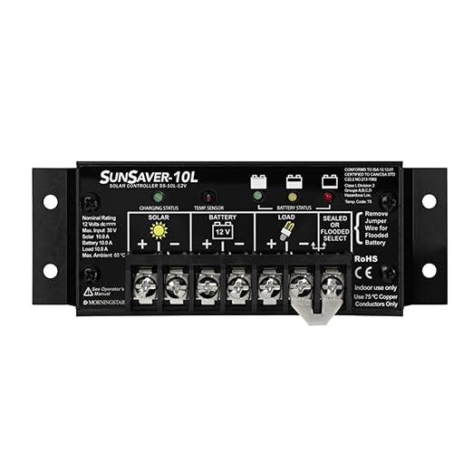 Morningstar SunSaver 10A PWM Solar Charge Controller (SS-10L-12V) - Solar Panel Regulator for 12V batteries, Four Stage Battery Charging, LVD, HazLoc Rated, Low Noise, 5 Year WTY - Designed in the USA